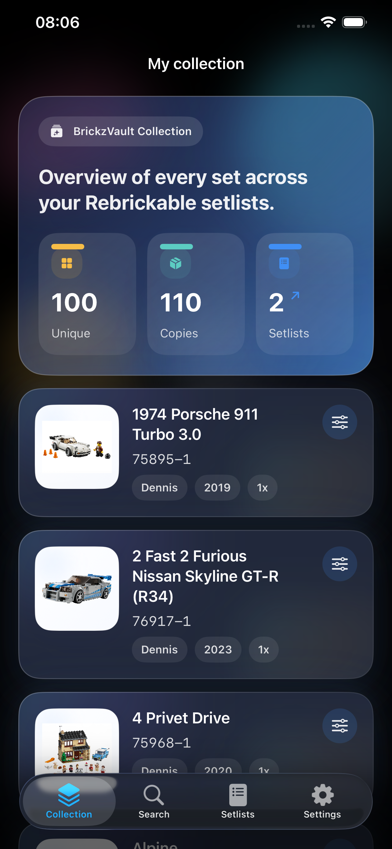 BrickzVault Collection screen